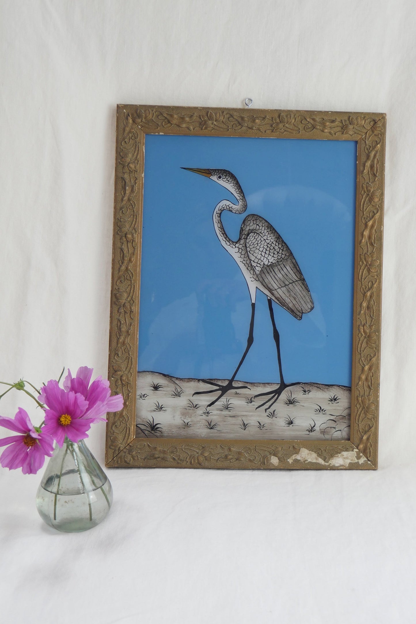 stork glass reverse glass painting