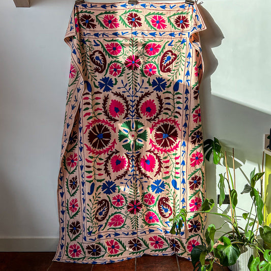 Colorful embroidered fabric suzani hand made. blanket wall hanging 