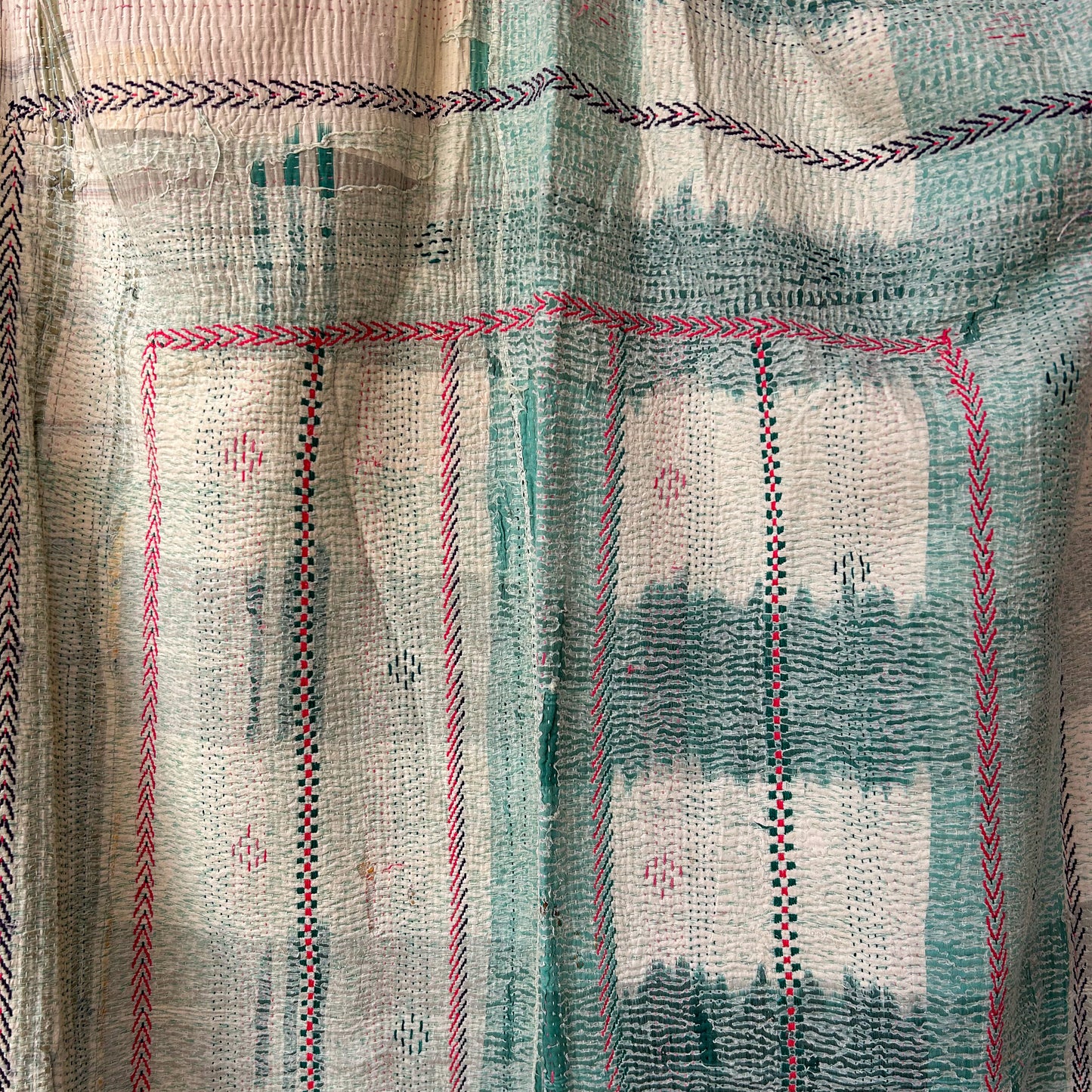 Textile with embroidered patterns and geometric designs.  kantha-vintage-2027- hand-made-blanket-throw-textiles-wall-hanging