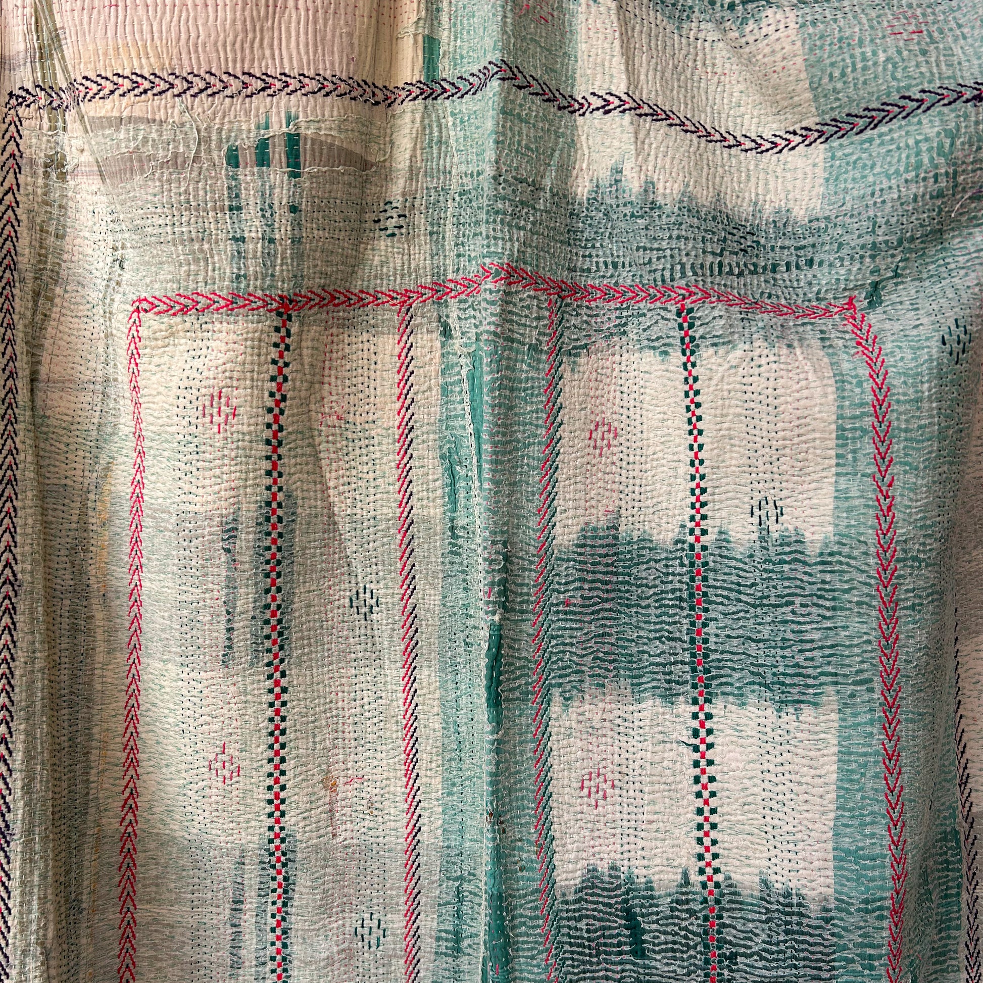 Textile with embroidered patterns and geometric designs.  kantha-vintage-2027- hand-made-blanket-throw-textiles-wall-hanging