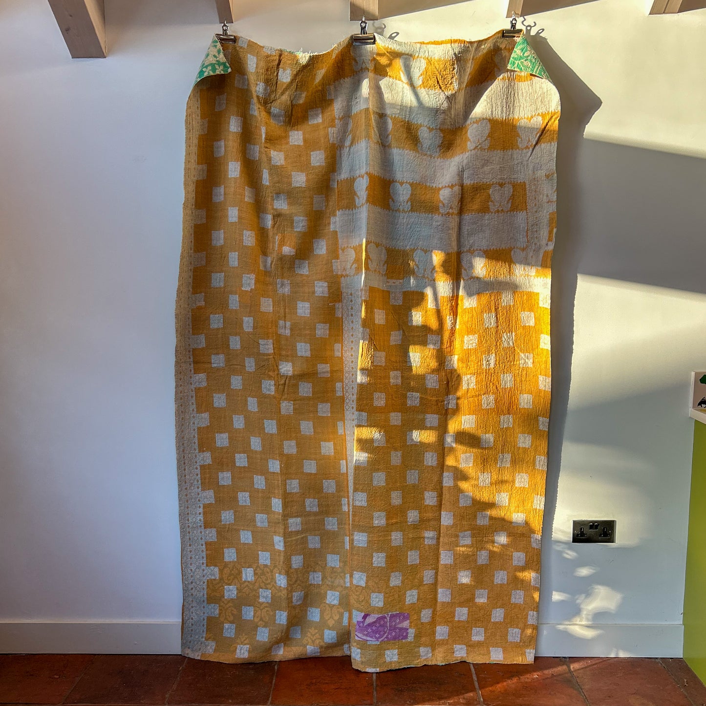 Yellow and white checkered kantha 