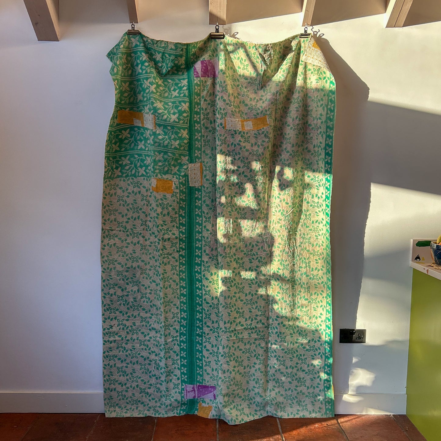 green vintage kantha