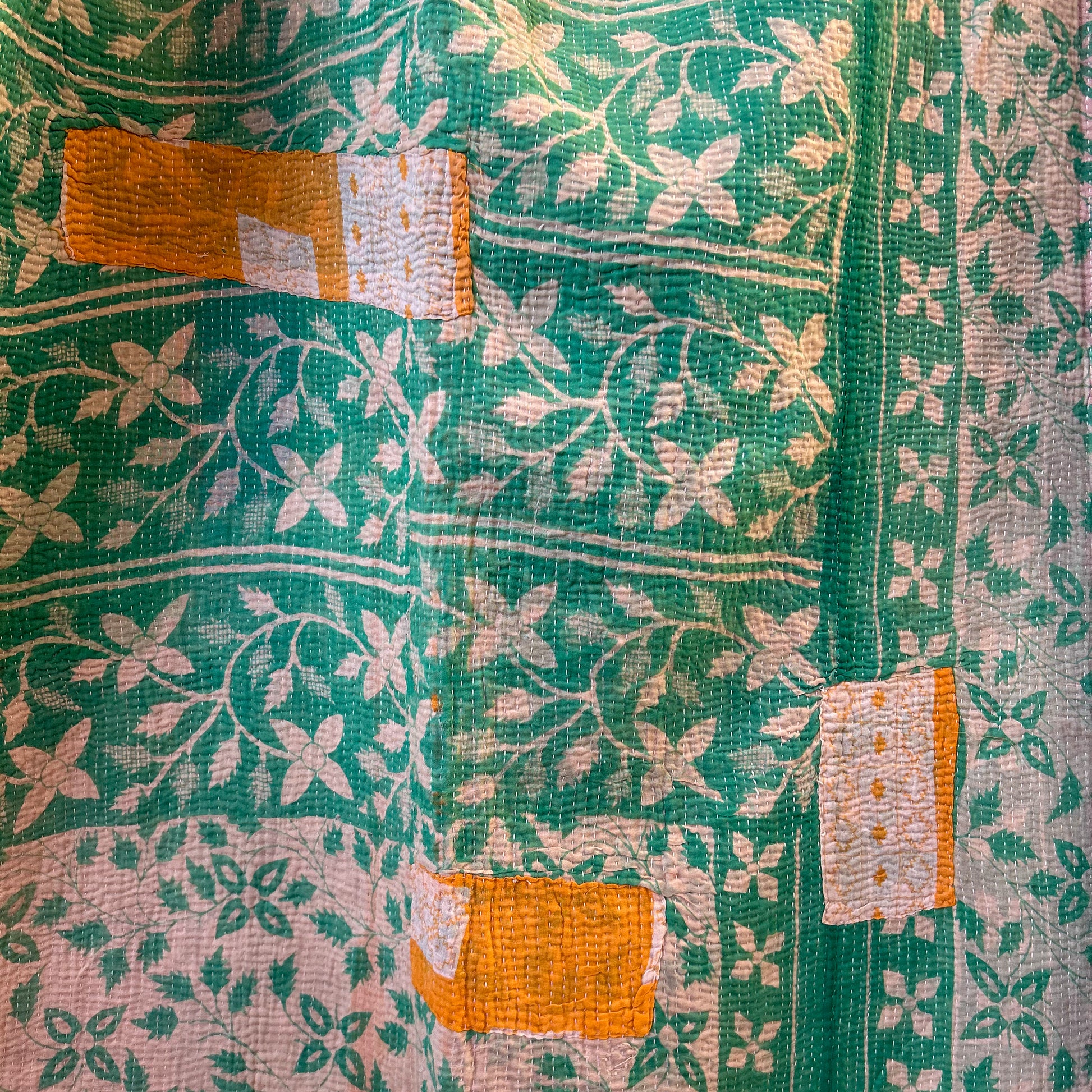 vintage kantha detail patches green and orange