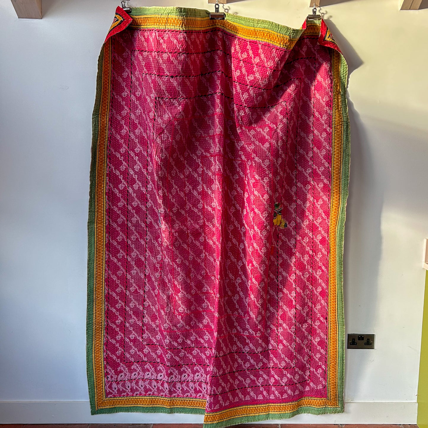 pink vintage kantha with yellow and green boarder. Throw or blanket