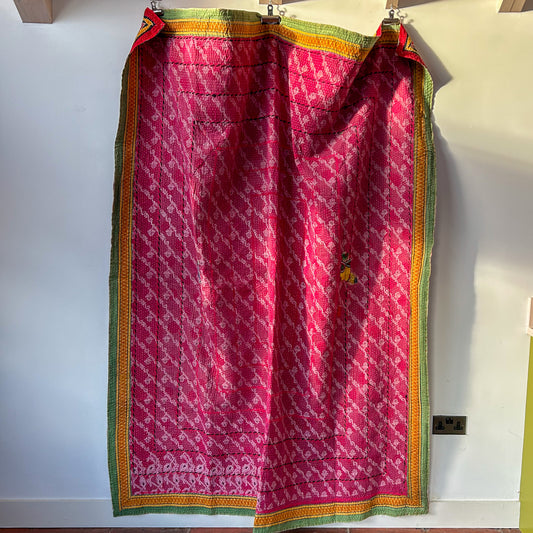 pink vintage kantha with yellow and green boarder. Throw or blanket